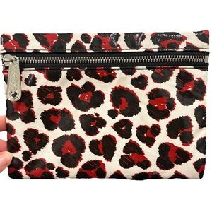 Brighton Zippered Coated Fabric Cosmetic Bag/Pouch Red/White Animal Print Hearts